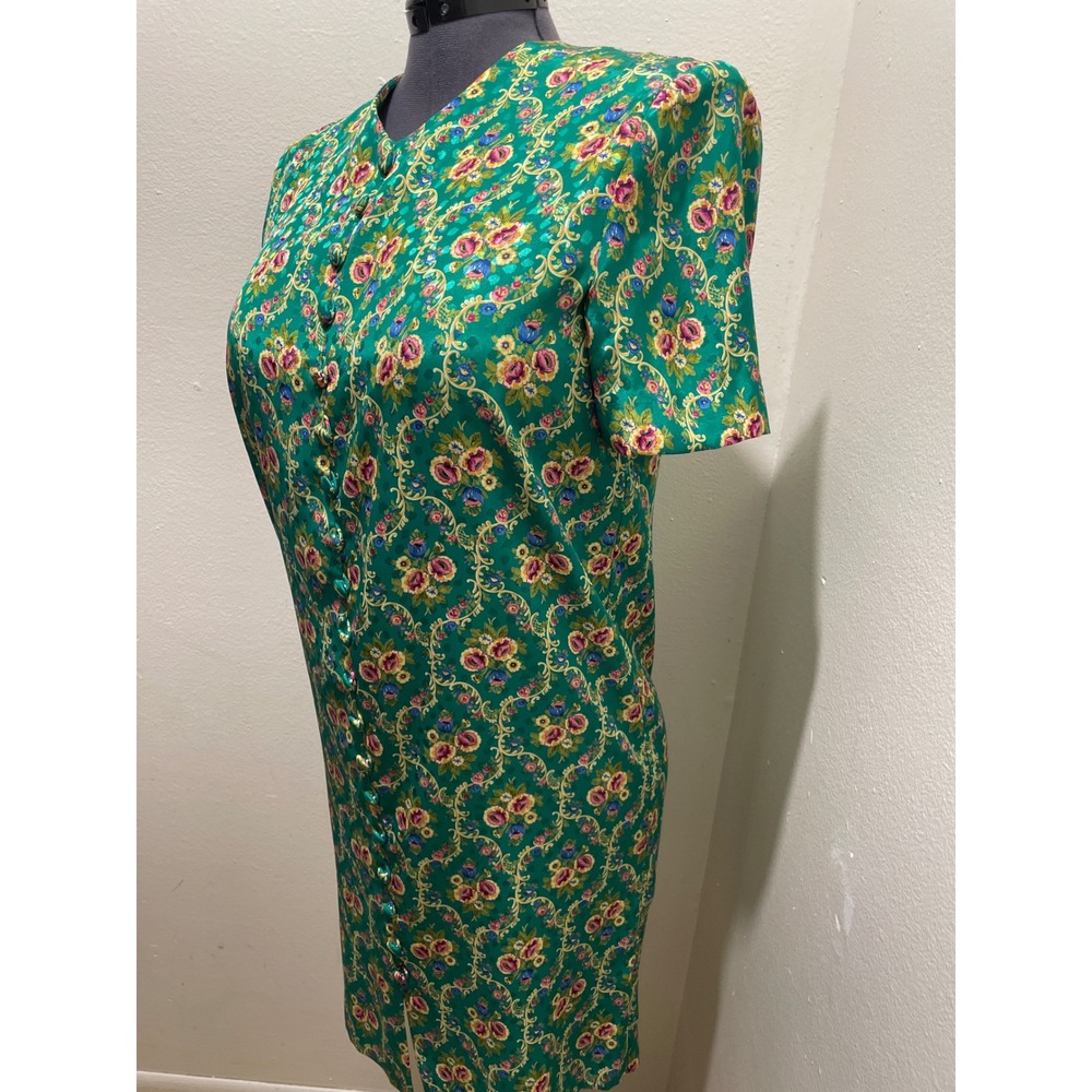 Vintage Leslie Fay Petites Green Floral Mini Dress size 10p Damask Boho 90s - Picture 4 of 11